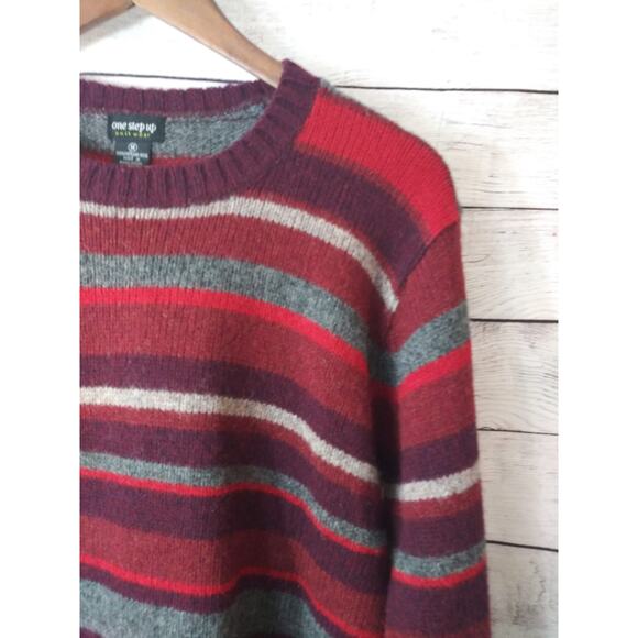 Vintage One Step Up Red & Gray Striped Shetland Wool Knit Sweater Sz Medium - Picture 4 of 7